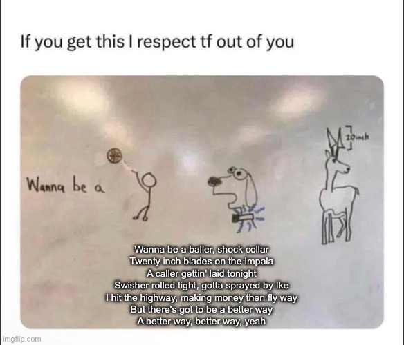 Wanna be a baller, shock collar
Twenty inch blades on the Impala
A caller gettin' laid tonight
Swisher rolled tight, gotta sprayed by Ike
I hit the highway, making money then fly way
But there's got to be a better way
A better way, better way, yeah | image tagged in baller | made w/ Imgflip meme maker