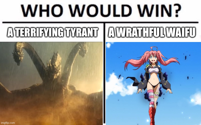 Destructive Duel | A WRATHFUL WAIFU; A TERRIFYING TYRANT | image tagged in memes,who would win,waifu,king ghidorah | made w/ Imgflip meme maker