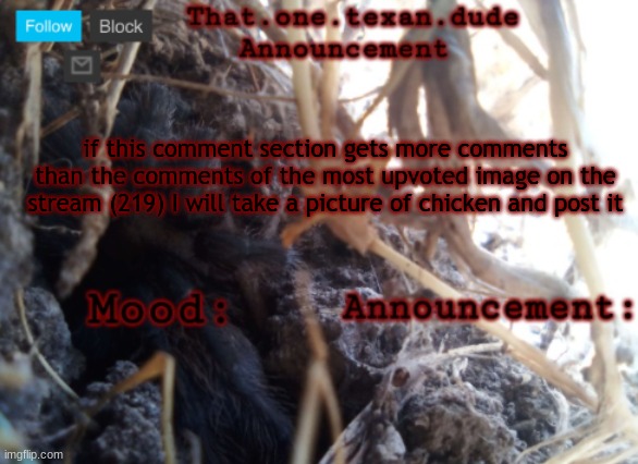 THE that.one.texan.dude announcement template | if this comment section gets more comments than the comments of the most upvoted image on the stream (219) I will take a picture of chicken and post it | image tagged in the that one texan dude announcement template | made w/ Imgflip meme maker
