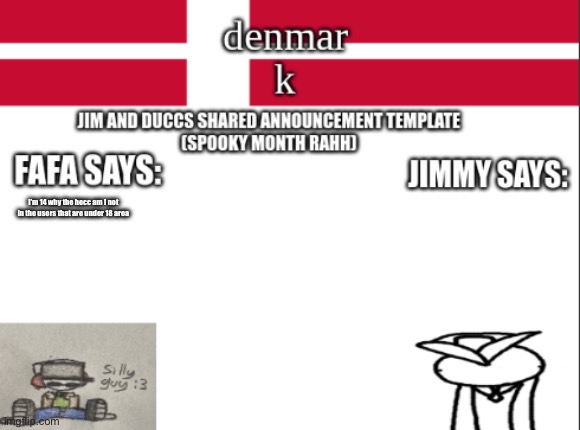 Whar | I’m 14 why the hecc am I not in the users that are under 18 area | image tagged in jim and duccs collabed announcement template rahhhhhhhhh | made w/ Imgflip meme maker