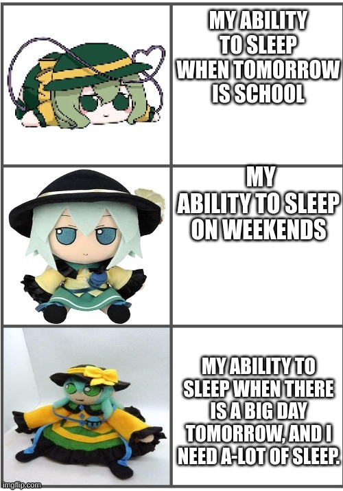 Very Accurate tbh. | MY ABILITY TO SLEEP WHEN TOMORROW IS SCHOOL; MY ABILITY TO SLEEP ON WEEKENDS; MY ABILITY TO SLEEP WHEN THERE IS A BIG DAY TOMORROW, AND I NEED A-LOT OF SLEEP. | image tagged in best better blurst and maybe first | made w/ Imgflip meme maker