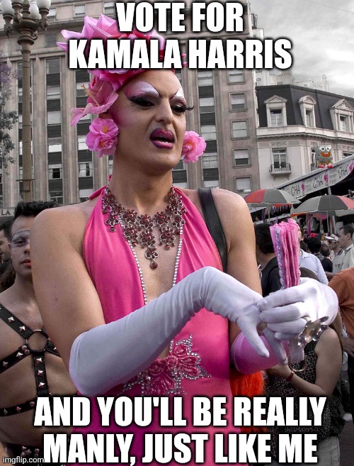 Harris's latest embarrassment? Trying to suggest you are not a man unless you vote for the least qualified female candidate? | VOTE FOR KAMALA HARRIS; AND YOU'LL BE REALLY MANLY, JUST LIKE ME | image tagged in kamala harris,embarrassing,liberal logic,stupid people,oh really,crying democrats | made w/ Imgflip meme maker