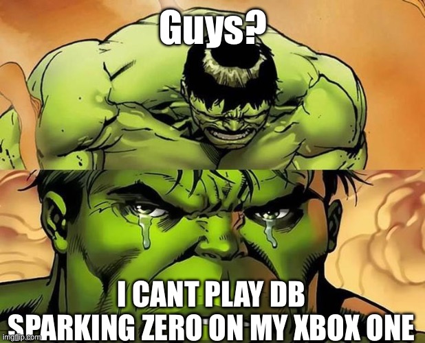 :( | Guys? I CANT PLAY DB SPARKING ZERO ON MY XBOX ONE | image tagged in dragon ball,hulk,gaming | made w/ Imgflip meme maker