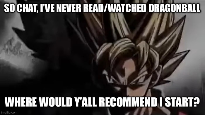 Goku Staring | SO CHAT, I’VE NEVER READ/WATCHED DRAGONBALL; WHERE WOULD Y’ALL RECOMMEND I START? | image tagged in goku staring | made w/ Imgflip meme maker