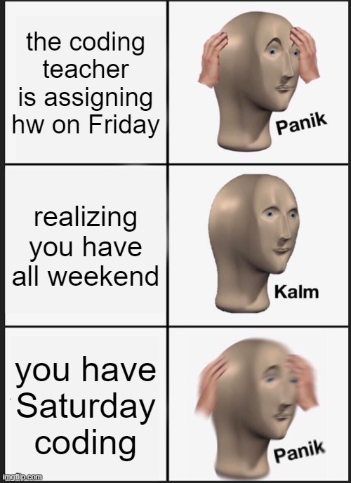 skib | the coding teacher is assigning hw on Friday; realizing you have all weekend; you have Saturday coding | image tagged in memes,panik kalm panik | made w/ Imgflip meme maker