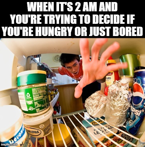 2 AM | WHEN IT'S 2 AM AND YOU'RE TRYING TO DECIDE IF YOU'RE HUNGRY OR JUST BORED | image tagged in 2am,memes,funny,relatable memes | made w/ Imgflip meme maker