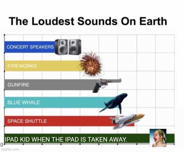 I'm suprised that i'm in the same gen, lets just hope that there are parents like mine who take time instead of rhe ipad | IPAD KID WHEN THE IPAD IS TAKEN AWAY. | image tagged in the loudest sounds on earth,memes,apple,ipad,ipad kids,gen alpha | made w/ Imgflip meme maker