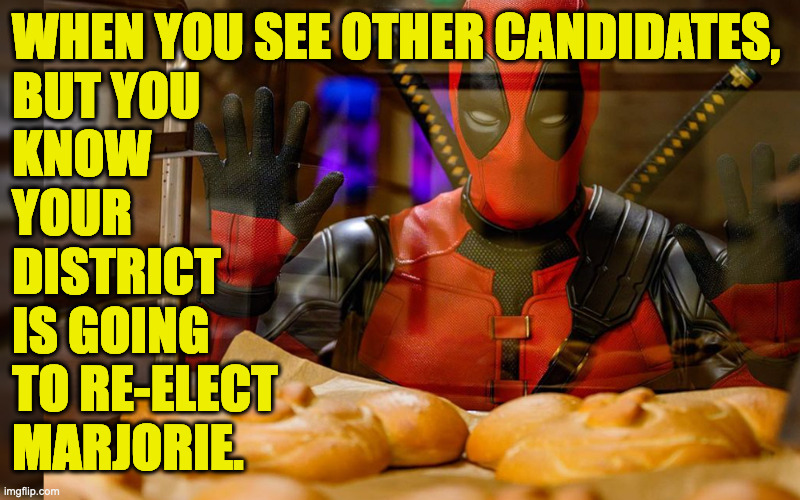 One of those intelligent red areas that one of you was talking about. | WHEN YOU SEE OTHER CANDIDATES, 
BUT YOU
KNOW
YOUR
DISTRICT
IS GOING
TO RE-ELECT
MARJORIE. | image tagged in memes,mtg | made w/ Imgflip meme maker