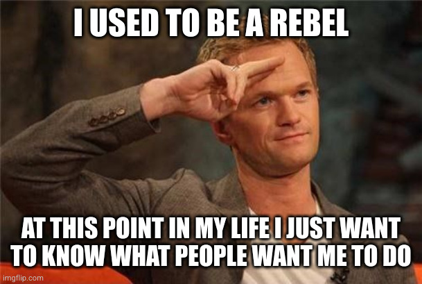 Barney Stinson Salute | I USED TO BE A REBEL; AT THIS POINT IN MY LIFE I JUST WANT
TO KNOW WHAT PEOPLE WANT ME TO DO | image tagged in barney stinson salute | made w/ Imgflip meme maker
