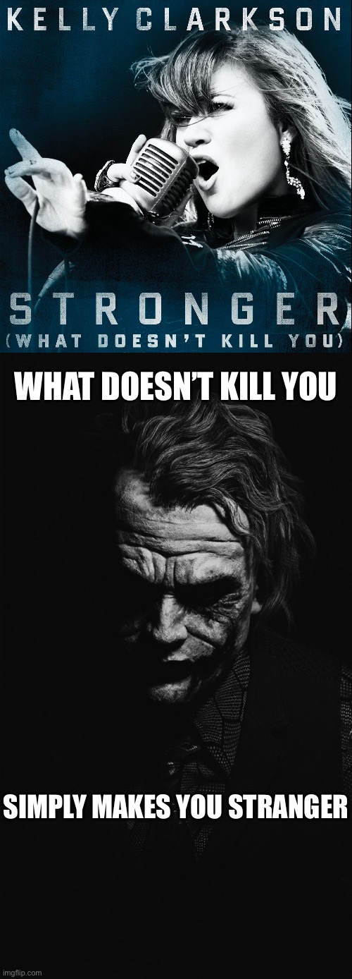 Stronger or stranger? | WHAT DOESN’T KILL YOU; SIMPLY MAKES YOU STRANGER | image tagged in kelly clarkson what doesn't kill you makes you stronger,joker quote,stranger,stronger | made w/ Imgflip meme maker