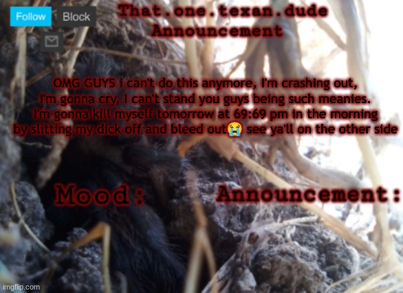 THE that.one.texan.dude announcement template | OMG GUYS i can't do this anymore, I'm crashing out, I'm gonna cry, I can't stand you guys being such meanies. I'm gonna kill myself tomorrow at 69:69 pm in the morning by slitting my dick off and bleed out😭 see ya'll on the other side | image tagged in the that one texan dude announcement template | made w/ Imgflip meme maker