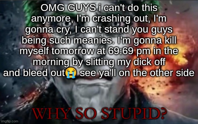 new copypasta | OMG GUYS i can't do this anymore, I'm crashing out, I'm gonna cry, I can't stand you guys being such meanies. I'm gonna kill myself tomorrow at 69:69 pm in the morning by slitting my dick off and bleed out😭 see ya'll on the other side | image tagged in why so stupid | made w/ Imgflip meme maker