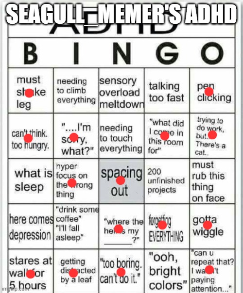 I guess I have ADHD | SEAGULL_MEMER'S ADHD | image tagged in adhd bingo | made w/ Imgflip meme maker