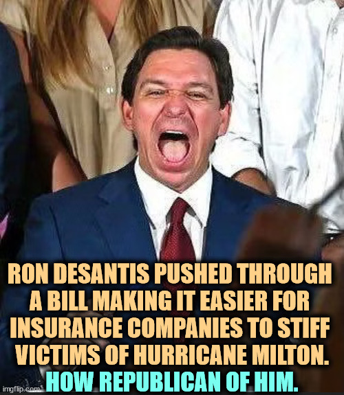 Profits Over People. So Saith the GOP. | RON DESANTIS PUSHED THROUGH 

A BILL MAKING IT EASIER FOR 
INSURANCE COMPANIES TO STIFF 

VICTIMS OF HURRICANE MILTON. HOW REPUBLICAN OF HIM. | image tagged in ron desantis,insurance,hurricanes,florida,corporations | made w/ Imgflip meme maker