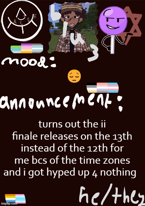 darn,,, | 😔; turns out the ii finale releases on the 13th instead of the 12th for me bcs of the time zones and i got hyped up 4 nothing | image tagged in blu3 s gnarly sick temp | made w/ Imgflip meme maker