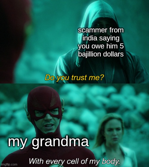 Do you trust me? | scammer from india saying you owe him 5 bajillion dollars; my grandma | image tagged in do you trust me | made w/ Imgflip meme maker