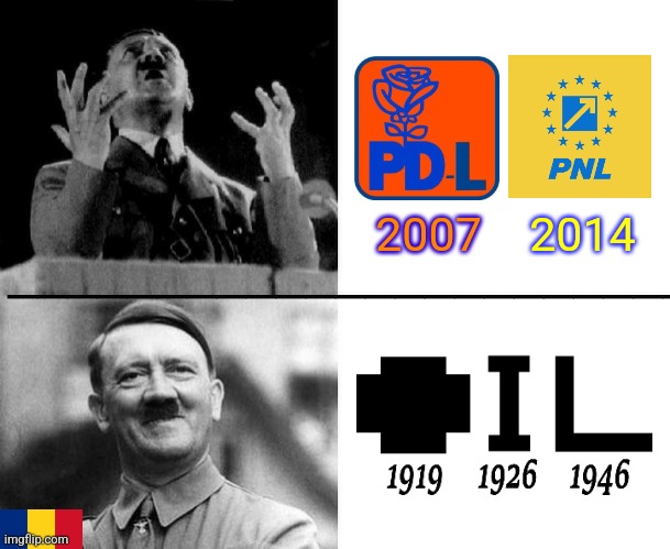 Pictorul austriac s-a săturat de actualul PNL (fostul PD-L) și vrea adevarătul PNL înapoi | 2014; 2007 | image tagged in hitler hotline bling,pdl,pnl,romania,politics,austrian painter | made w/ Imgflip meme maker