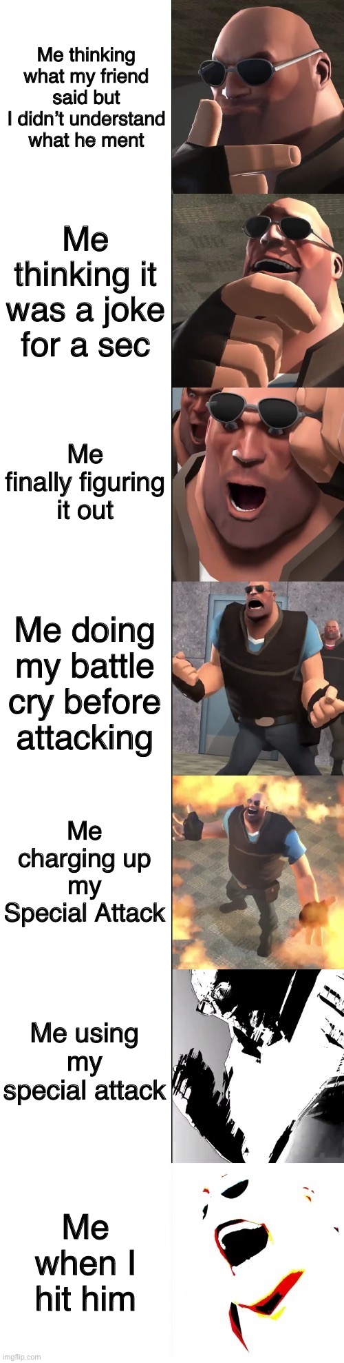 pootis engage 7 panels | Me thinking what my friend said but I didn’t understand what he ment; Me thinking it was a joke for a sec; Me finally figuring it out; Me doing my battle cry before attacking; Me charging up my Special Attack; Me using my special attack; Me when I hit him | image tagged in pootis engage 7 panels,tf2,tf2 heavy | made w/ Imgflip meme maker