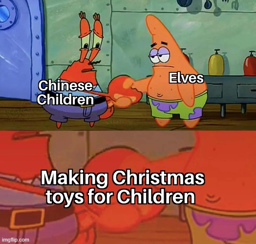 image tagged in christmas,elves,children,china,toys | made w/ Imgflip meme maker