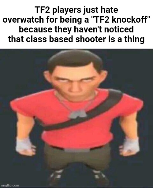 Like bro, we got Guts and Blackpowder with different classes which are nothing like TF2, yet I don't consider it a "TF2 knockoff | TF2 players just hate overwatch for being a "TF2 knockoff" because they haven't noticed that class based shooter is a thing | made w/ Imgflip meme maker