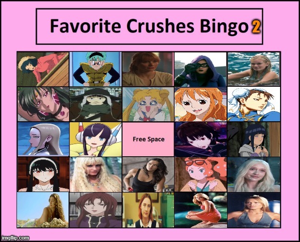 favorite crushes bingo 2 | image tagged in crushes bingo 2,favorites,fiction,anime,movies,hot girl | made w/ Imgflip meme maker