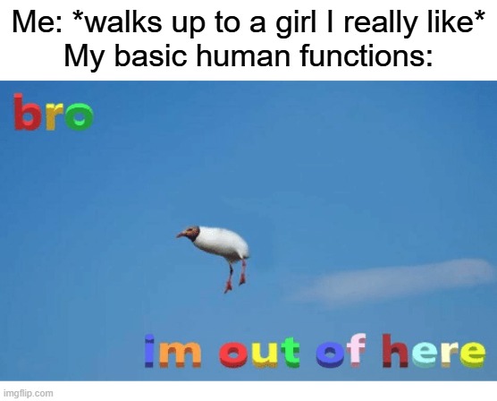 How many of y'all can relate to this? | Me: *walks up to a girl I really like*
My basic human functions: | image tagged in bro i'm out of here | made w/ Imgflip meme maker