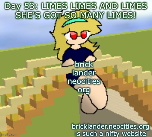 Day 53: LIMES LIMES AND LIMES | Day 53: LIMES LIMES AND LIMES
SHE'S GOT SO MANY LIMES! brick
lander
neocities
org; bricklander.neocities.org is such a nifty website | image tagged in nice,stuff | made w/ Imgflip meme maker