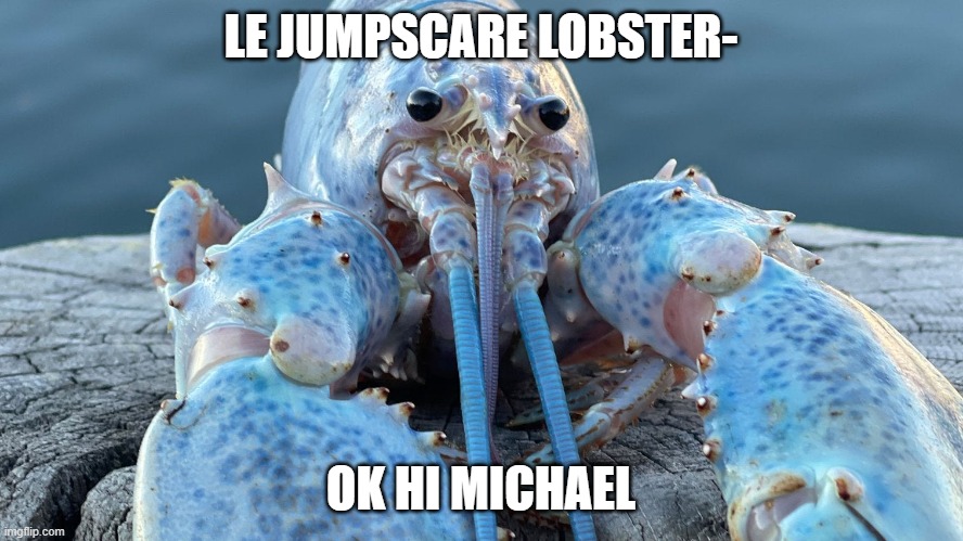 Blue Lobster | LE JUMPSCARE LOBSTER- OK HI MICHAEL | image tagged in blue lobster | made w/ Imgflip meme maker