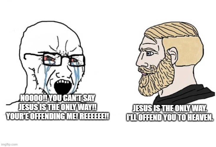 orthodox meme | JESUS IS THE ONLY WAY. I'LL OFFEND YOU TO HEAVEN. NOOOO!! YOU CAN'T SAY JESUS IS THE ONLY WAY!! YOUR'E OFFENDING ME! REEEEEE!! | image tagged in soyjak chad,christianity | made w/ Imgflip meme maker