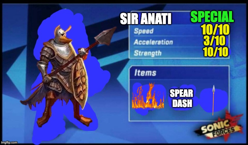 [UPDATED] Sonic Forces Meme Battle | SPECIAL; SIR ANATI; 10/10; 3/10; 10/10; SPEAR 
DASH | image tagged in updated sonic forces meme battle | made w/ Imgflip meme maker