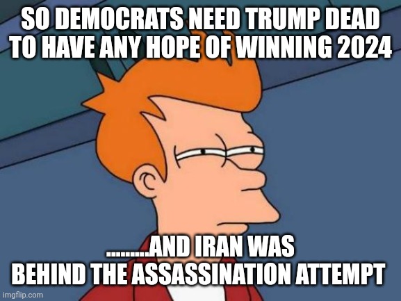 Fry no likey...... | SO DEMOCRATS NEED TRUMP DEAD TO HAVE ANY HOPE OF WINNING 2024; .........AND IRAN WAS BEHIND THE ASSASSINATION ATTEMPT | image tagged in memes,futurama fry | made w/ Imgflip meme maker