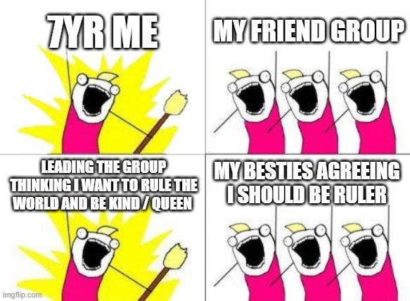 What Do We Want | 7YR ME; MY FRIEND GROUP; MY BESTIES AGREEING I SHOULD BE RULER; LEADING THE GROUP THINKING I WANT TO RULE THE WORLD AND BE KIND / QUEEN | image tagged in memes,what do we want | made w/ Imgflip meme maker