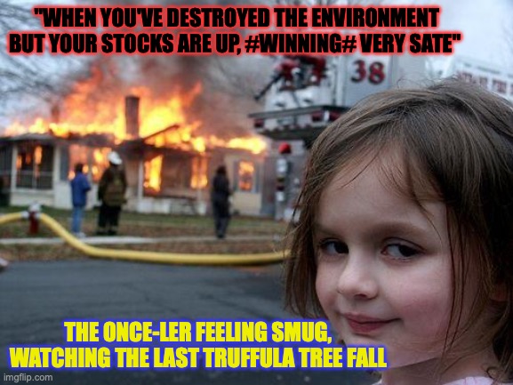 ONCE-LER'S ZERO REGRETS | "WHEN YOU'VE DESTROYED THE ENVIRONMENT BUT YOUR STOCKS ARE UP, #WINNING# VERY SATE"; THE ONCE-LER FEELING SMUG, WATCHING THE LAST TRUFFULA TREE FALL | image tagged in memes,disaster girl | made w/ Imgflip meme maker