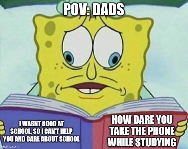 cross eyed spongebob | POV: DADS; HOW DARE YOU TAKE THE PHONE WHILE STUDYING; I WASNT GOOD AT SCHOOL, SO I CAN'T HELP YOU AND CARE ABOUT SCHOOL | image tagged in cross eyed spongebob | made w/ Imgflip meme maker