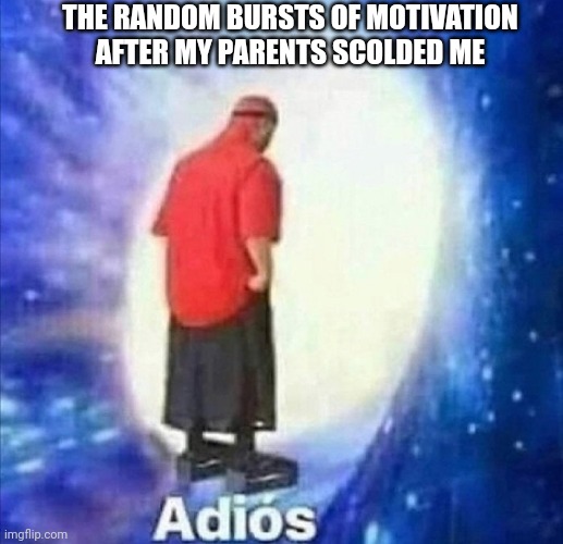 Adios | THE RANDOM BURSTS OF MOTIVATION AFTER MY PARENTS SCOLDED ME | image tagged in adios | made w/ Imgflip meme maker