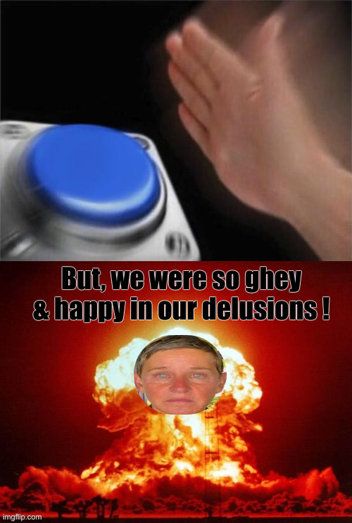 Blank nut button explosion | But, we were so ghey & happy in our delusions ! | image tagged in blank nut button explosion | made w/ Imgflip meme maker