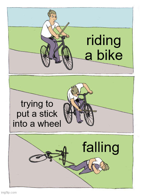 so true | riding a bike; trying to put a stick into a wheel; falling | image tagged in memes,bike fall,facts,reality | made w/ Imgflip meme maker