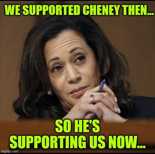 Kamala Harris  | WE SUPPORTED CHENEY THEN... SO HE'S SUPPORTING US NOW... | image tagged in kamala harris | made w/ Imgflip meme maker