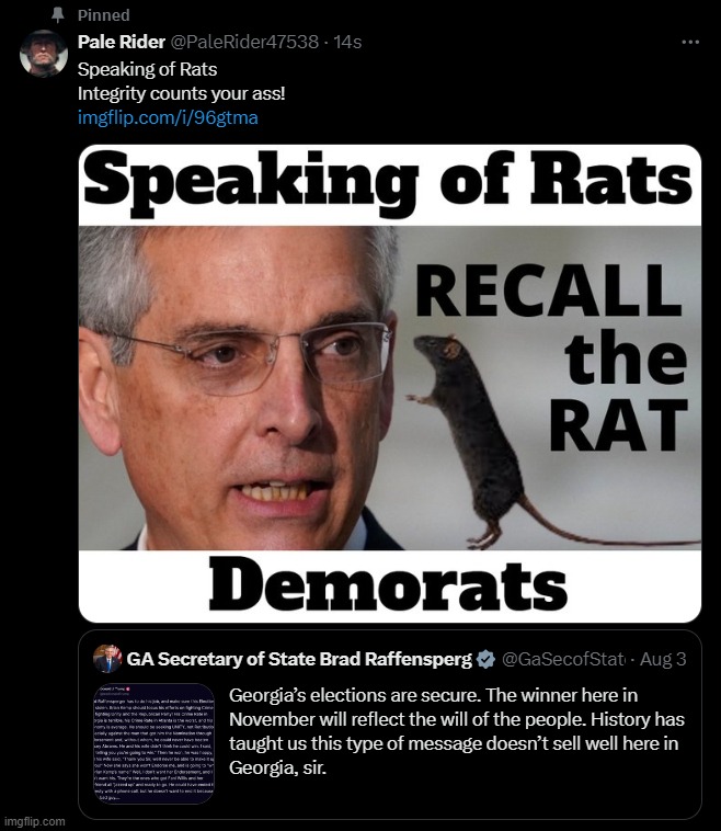 Trolling Raffensperg on twitter | image tagged in trolling the troll,rat bastard,rino,total recall,demorats,crush the commies | made w/ Imgflip meme maker