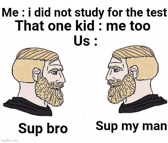 Fr | Me : i did not study for the test; That one kid : me too; Us :; Sup my man; Sup bro | image tagged in soyboy vs yes chad,funny,memes | made w/ Imgflip meme maker