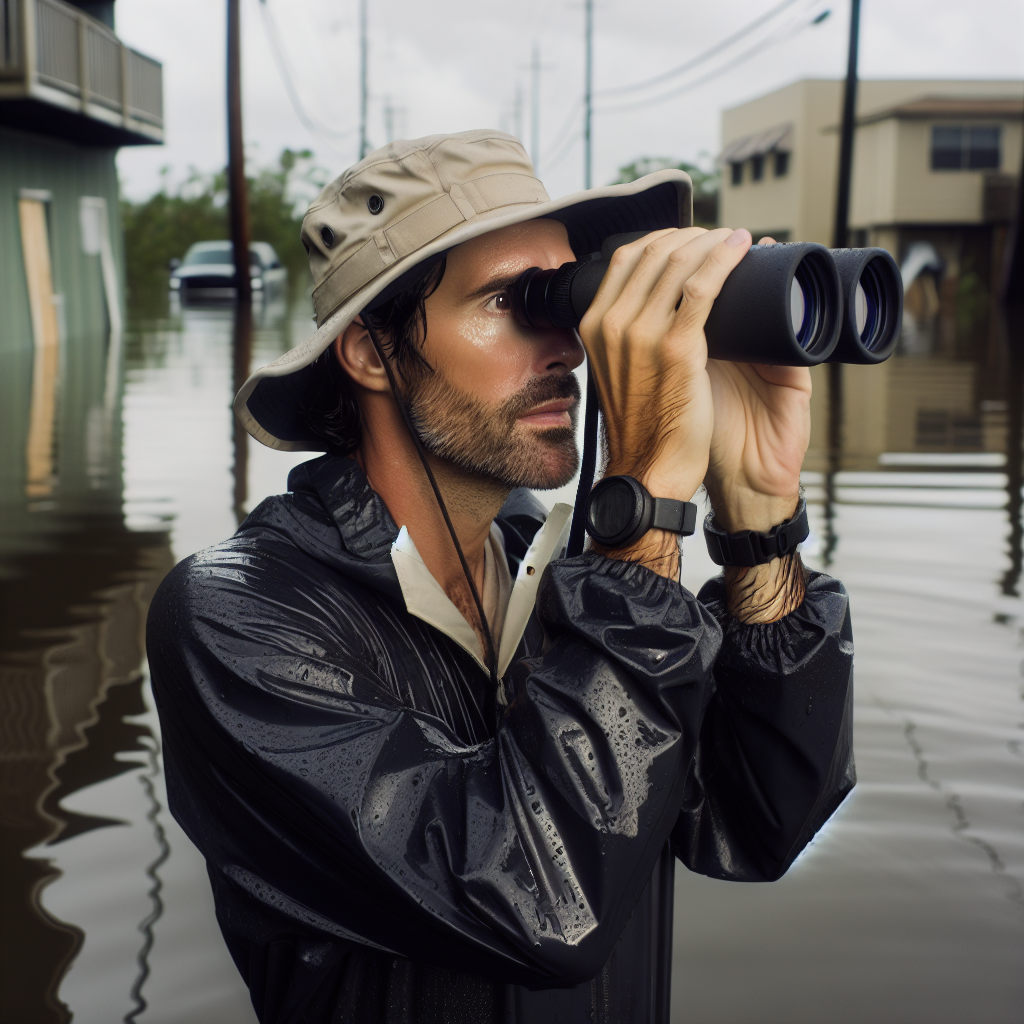 man with binoculars in floodwaters Blank Meme Template