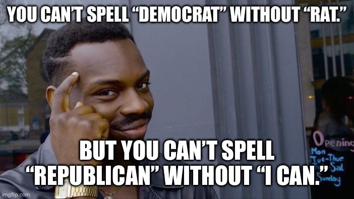 The right choice is literally in the name | YOU CAN’T SPELL “DEMOCRAT” WITHOUT “RAT.”; BUT YOU CAN’T SPELL “REPUBLICAN” WITHOUT “I CAN.” | image tagged in memes,roll safe think about it | made w/ Imgflip meme maker