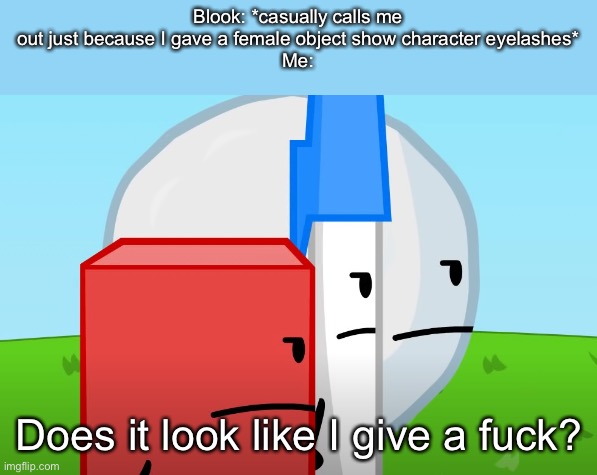 YOU GOT THE WHOLE SQAUD LAUGHING (BFDI Version) | Blook: *casually calls me out just because I gave a female object show character eyelashes*
Me:; Does it look like I give a fuck? | image tagged in you got the whole sqaud laughing bfdi version | made w/ Imgflip meme maker