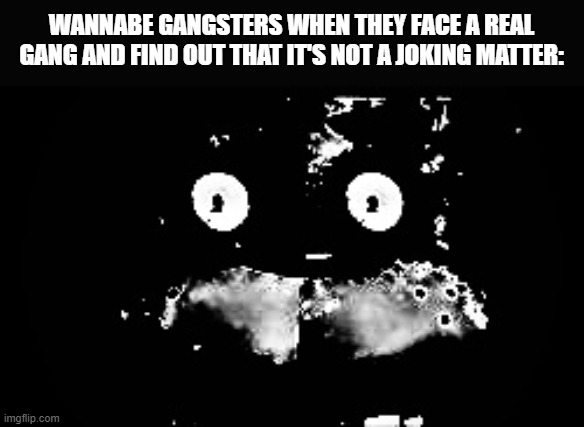 Wannabe gangsters are crap | WANNABE GANGSTERS WHEN THEY FACE A REAL GANG AND FIND OUT THAT IT'S NOT A JOKING MATTER: | image tagged in freddy traumatized,meme | made w/ Imgflip meme maker