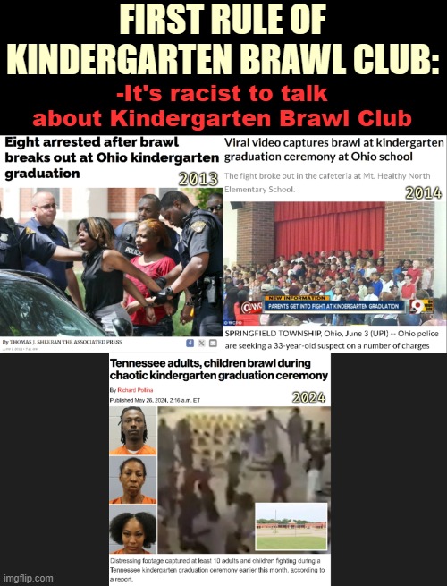 FIRST RULE OF KINDERGARTEN BRAWL CLUB:; -It's racist to talk about Kindergarten Brawl Club | image tagged in crime,america,news | made w/ Imgflip meme maker