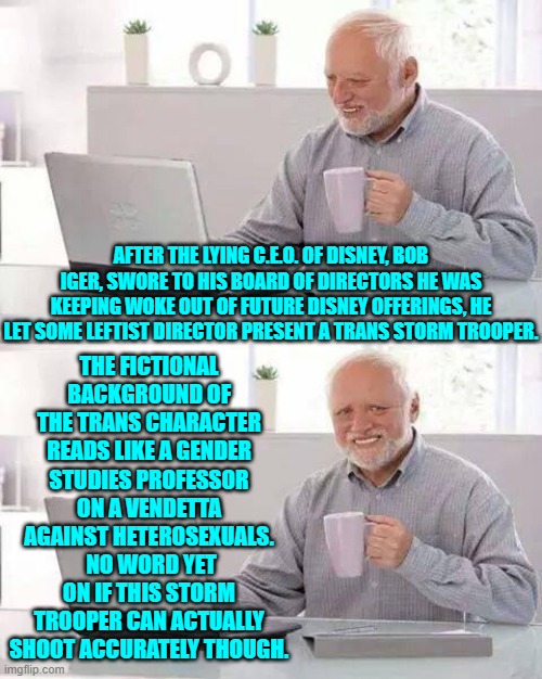 A storm trooper able to hit what he or she is shooting at would be the REAL first. | THE FICTIONAL BACKGROUND OF THE TRANS CHARACTER READS LIKE A GENDER STUDIES PROFESSOR ON A VENDETTA AGAINST HETEROSEXUALS.  NO WORD YET ON IF THIS STORM TROOPER CAN ACTUALLY SHOOT ACCURATELY THOUGH. AFTER THE LYING C.E.O. OF DISNEY, BOB IGER, SWORE TO HIS BOARD OF DIRECTORS HE WAS KEEPING WOKE OUT OF FUTURE DISNEY OFFERINGS, HE LET SOME LEFTIST DIRECTOR PRESENT A TRANS STORM TROOPER. | image tagged in hide the pain harold | made w/ Imgflip meme maker