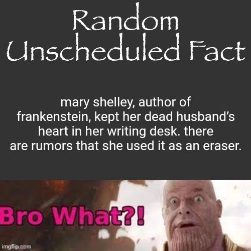 e | mary shelley, author of frankenstein, kept her dead husband’s heart in her writing desk. there are rumors that she used it as an eraser. | made w/ Imgflip meme maker