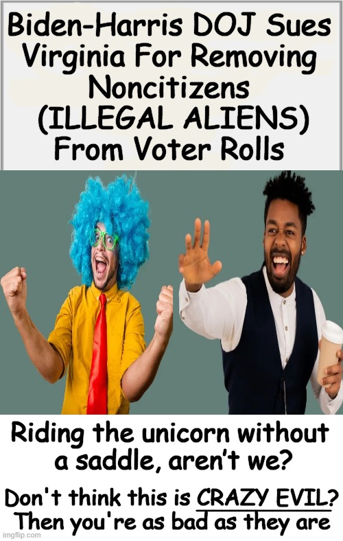 Crazy Evil | Biden-Harris DOJ Sues 
Virginia For Removing 
Noncitizens 
(ILLEGAL ALIENS)
From Voter Rolls; Riding the unicorn without 
a saddle, aren’t we? Don't think this is CRAZY EVIL?
Then you're as bad as they are; ________________ | image tagged in joe biden,kamala harris,doj,government corruption,election fraud,political humor | made w/ Imgflip meme maker