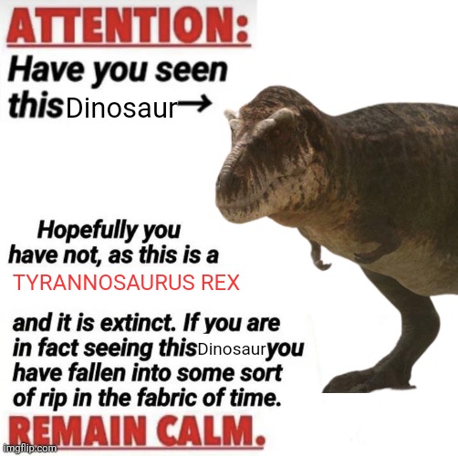 Attention: Have You Seen This [name]? | Dinosaur; TYRANNOSAURUS REX; Dinosaur | image tagged in attention have you seen this name | made w/ Imgflip meme maker