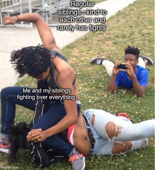 Guy recording a fight | Regular siblings : kind to each other and rarely has fights; Me and my siblings fighting over everything | image tagged in guy recording a fight | made w/ Imgflip meme maker